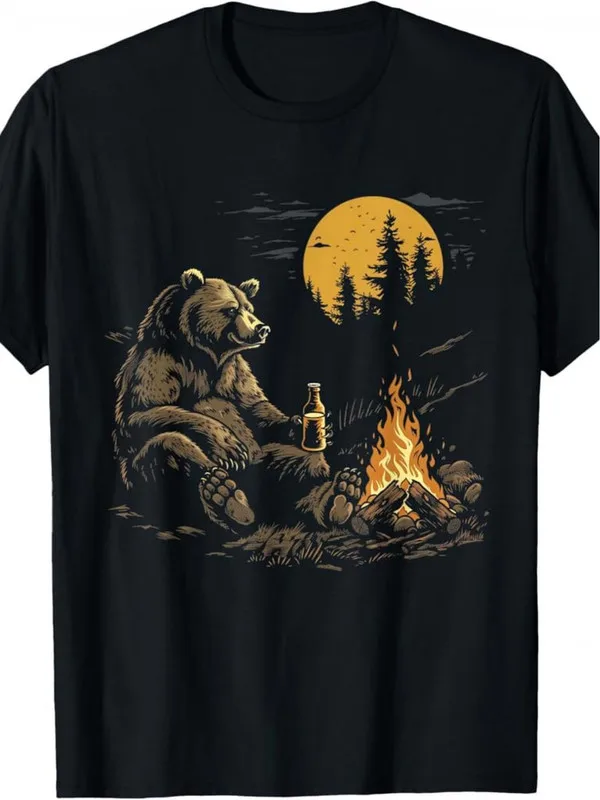 Men's Casual Cotton T - Shirt with Bear Camping Bonfire & Beer Graphic - Crew Neck, Short Sleeve, Moonlit Night Design, All - Season Outdoor Adventure Top, Comfortable Black Tee (Machine Washable)