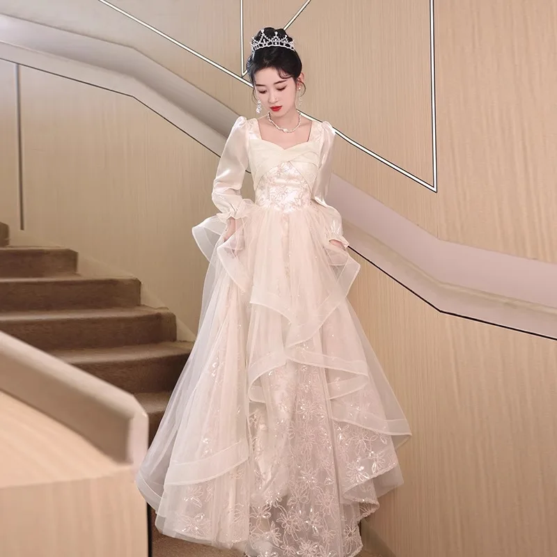 

Elegant Champagne Tulle Women Evening Dress Long Sleeve Square Collar A-line Banquet Gown Bandage Backless Prom Dresses