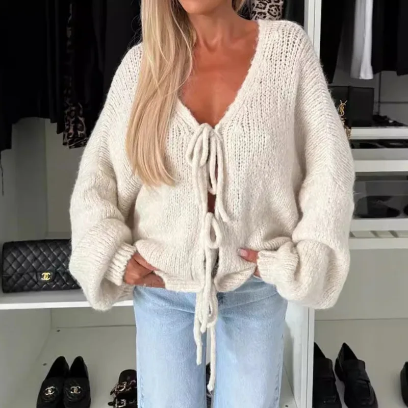 

Korean Fashion Autumn and Winter New Item Solid Color Ins Lace Up Bow Knit Cardigan Jacket Sweater Female Clothing