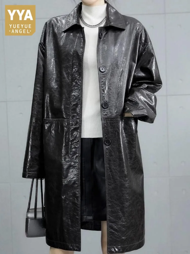 سترة Streetwear بجيب واحد الصدر بلون سادة من الجلد الطبيعي مع طية صدر السترة وأكمام طويلة معطف فضفاض من جلد البقر للسيدات #1