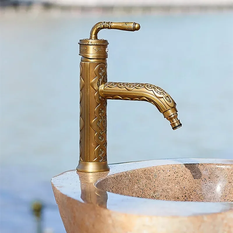 Outdoor Anti Freezing Sink Faucet Antique Brass Wash Basin Faucet Single Cold Deck Mounted Courtyard Watering Faucet