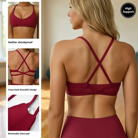 Sports Bra High  Support Women Gym Underwear Push-up Back Cross Yoga Crop Top Running Workout Fitness Pilates Solid Color