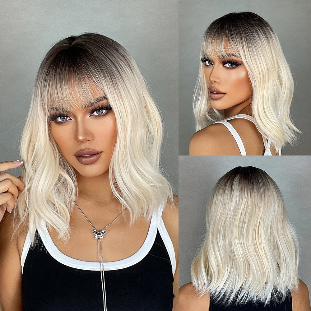 Short Bob Brown to Platinum Ombre Wavy Synthetic Hair Wigs with Bangs for White Women Heat Resistant Cosplay Use Wigs