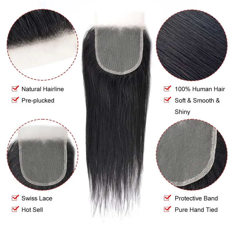 4x4 HD Lace Closure Brazilian Transparent Pre Plucked Remy Straight Human Hair Bundles 10A 3 Bundles with Closure for Women