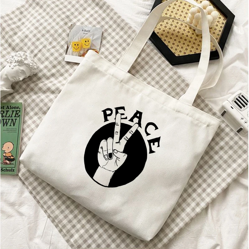 Peace & love-Bolso de compras sencillo para mujer, bolsa de hombro de lona, Vintage, de viaje, de gran capacidad, para la universidad