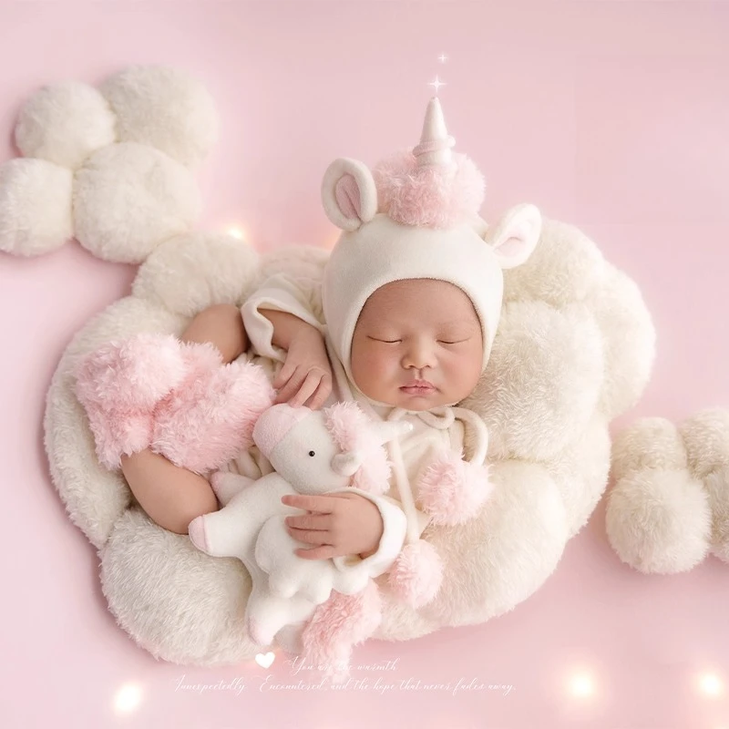 Newborn Photography Props 2026 Cute Pink Furry Horse Outfit Clothing with Hat Dolls Posing Clouds Mat for Sutdio Photoshoot