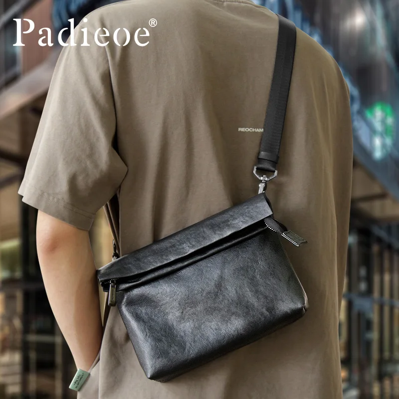 PADIEOE Men's leather messenger bag Large capacity shoulder bag Men's messenger bag Cowhide horizontal backpack Men's bag