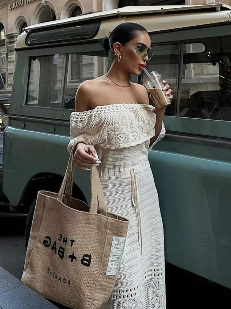 بوهو فستان منسوج مثير بلا أكمام مائل الرقبة فستان طويل المرأة نادي الحفلات عالية الشاطئ ماكسي فساتين امرأة Bodycon فستان كاجوال أنثى