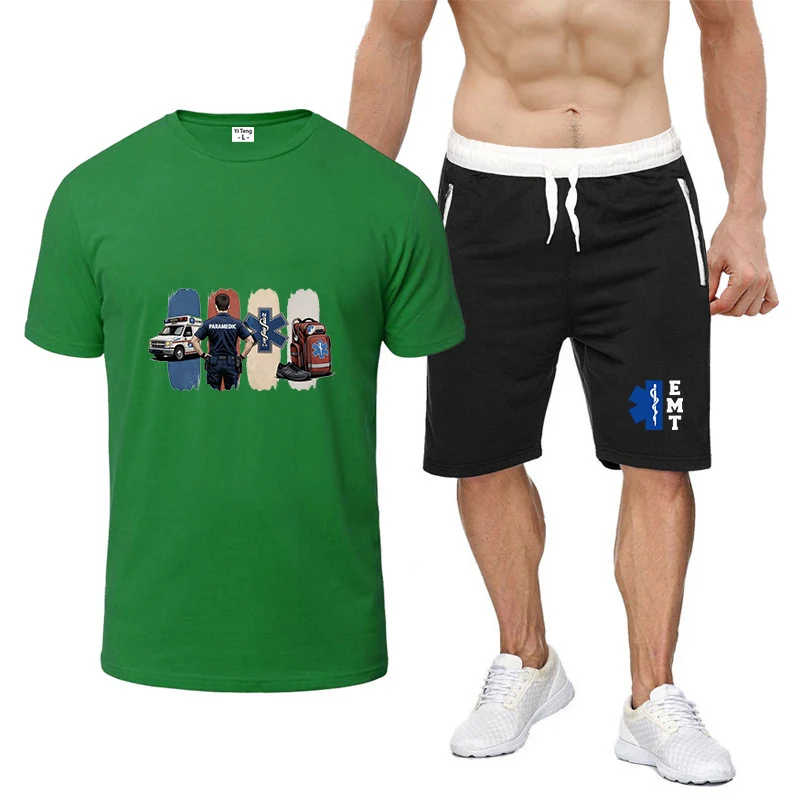 

2026 EMT Emergency Ambulance Print Summer Men's New Eight Color Short-sleeved Set Casual Vacation Trendy T-shirt + Shorts Suit