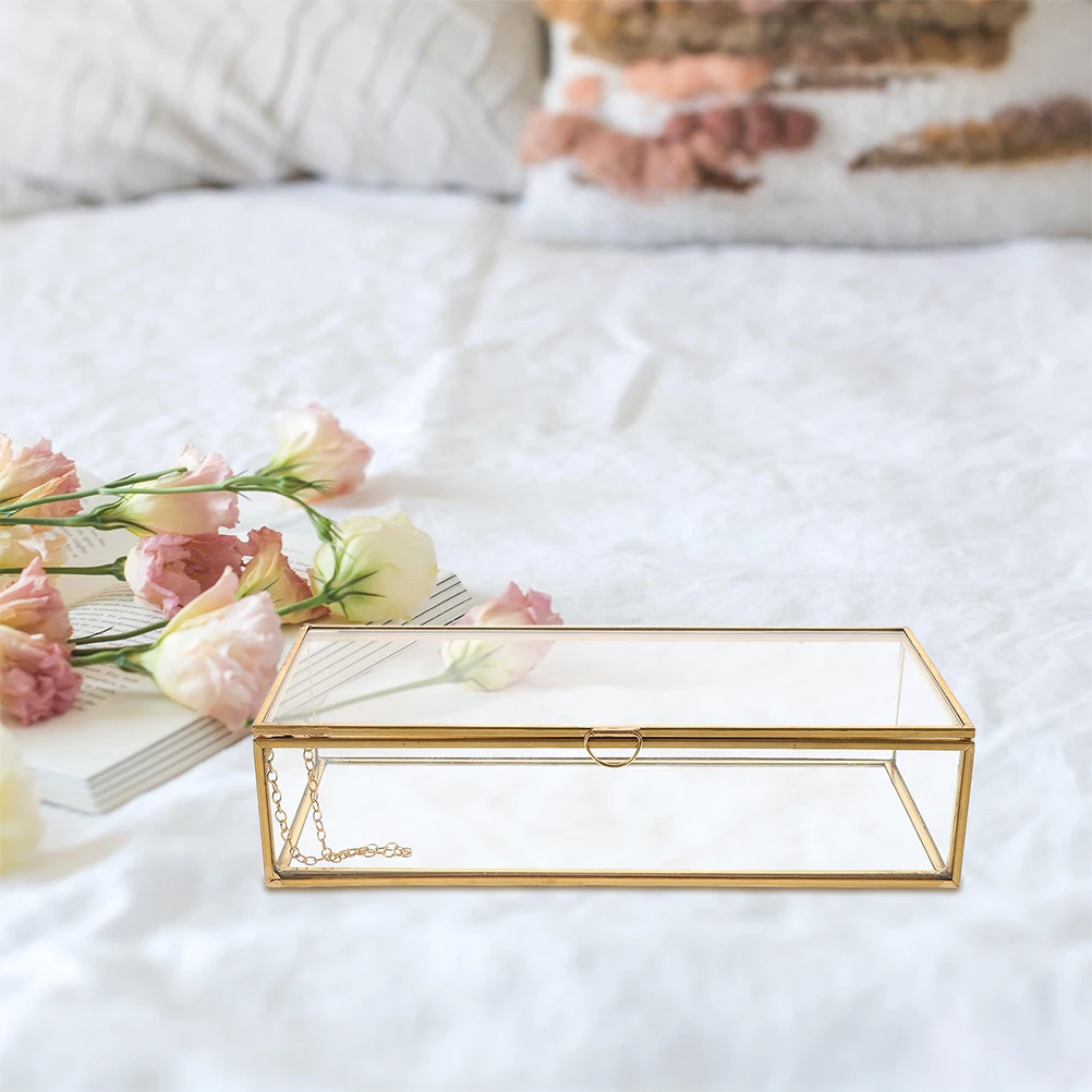 

Стеклянная шкатулка для драгоценностей, винтажный прямоугольный органайзер с крышкой, компактный футляр на память, прозрачный чехол для хранения колец, браслетов, дома