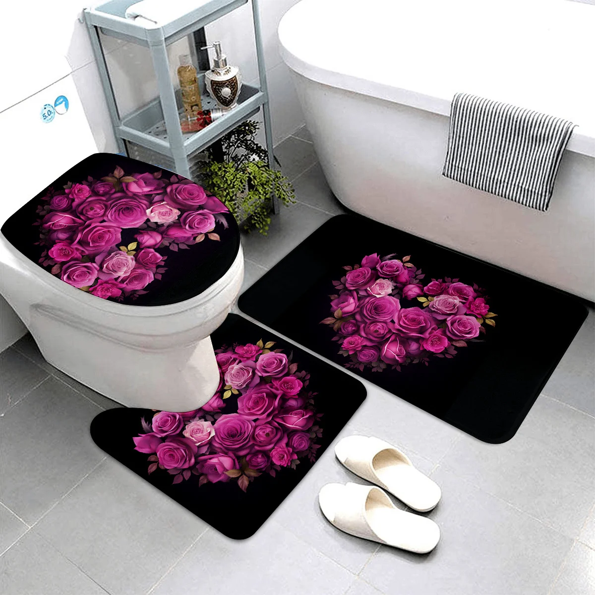 

3pcs Romantic Rose and Heart Pattern Floor Mats | High-Quality Flannel, Soft and Comfortable, Washable, Ideal for Valentine
