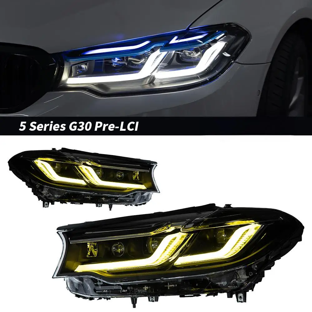 

Автомобильные фары для BMW G30: Светодиодные линзованные фары-проекторы 2017-2020 для 525i, 530i, 535i, 540i, с ДХО и сигналами поворота, автоаксессуары
