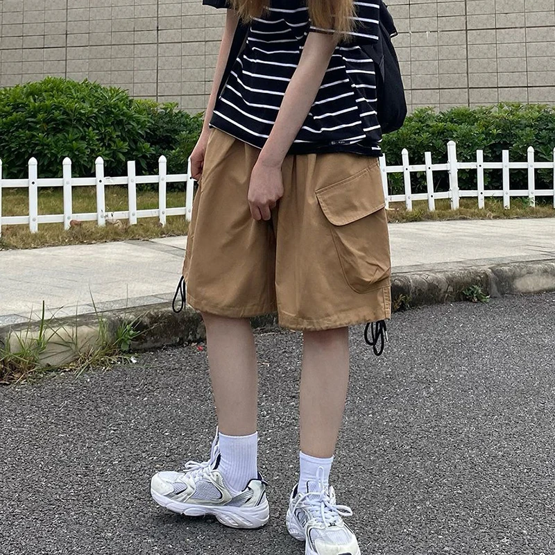 Rimocy Sommer knielange Cargo Shorts Frauen 2024 Harajuku Shorts mit weitem Bein Frau Streetwear Taschen Baggy Short Pants weiblich