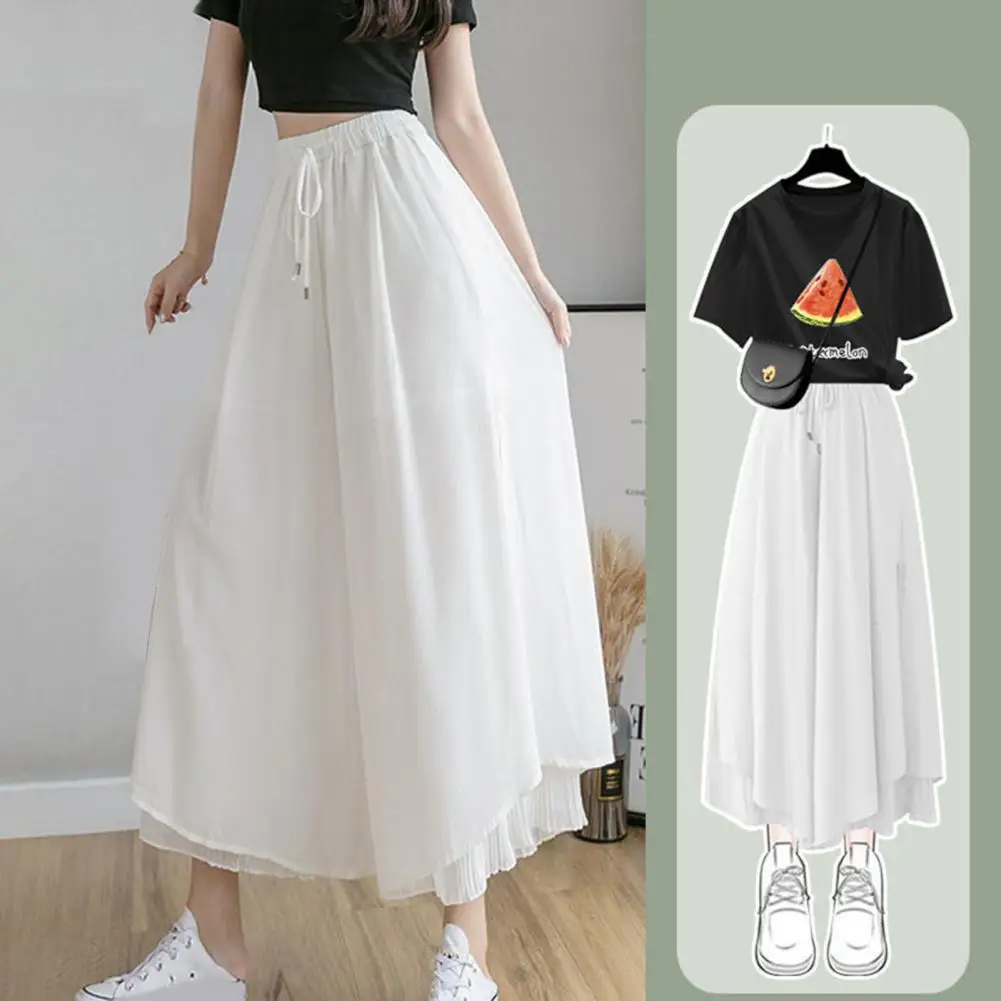 

Women Pants Irregular Hem Double Layers Loose Trousers Culottes Elastic Wide Leg Summer Loose Skirt Pant