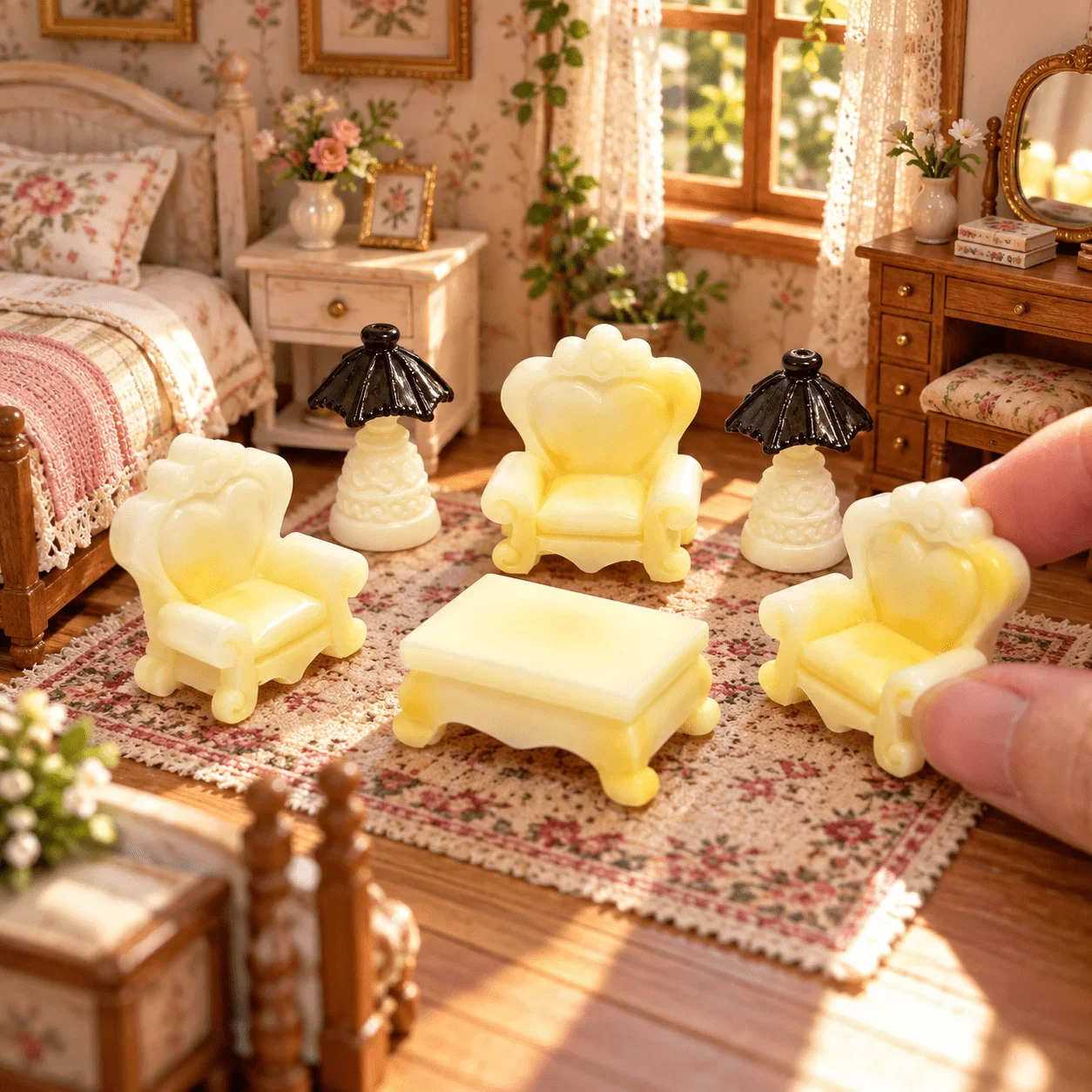 6pcs Mini Outdoor Patio Furniture Model Ornament Set, Vintage Style Miniature Sofa Armchairs Coffee Table & Table Lamps