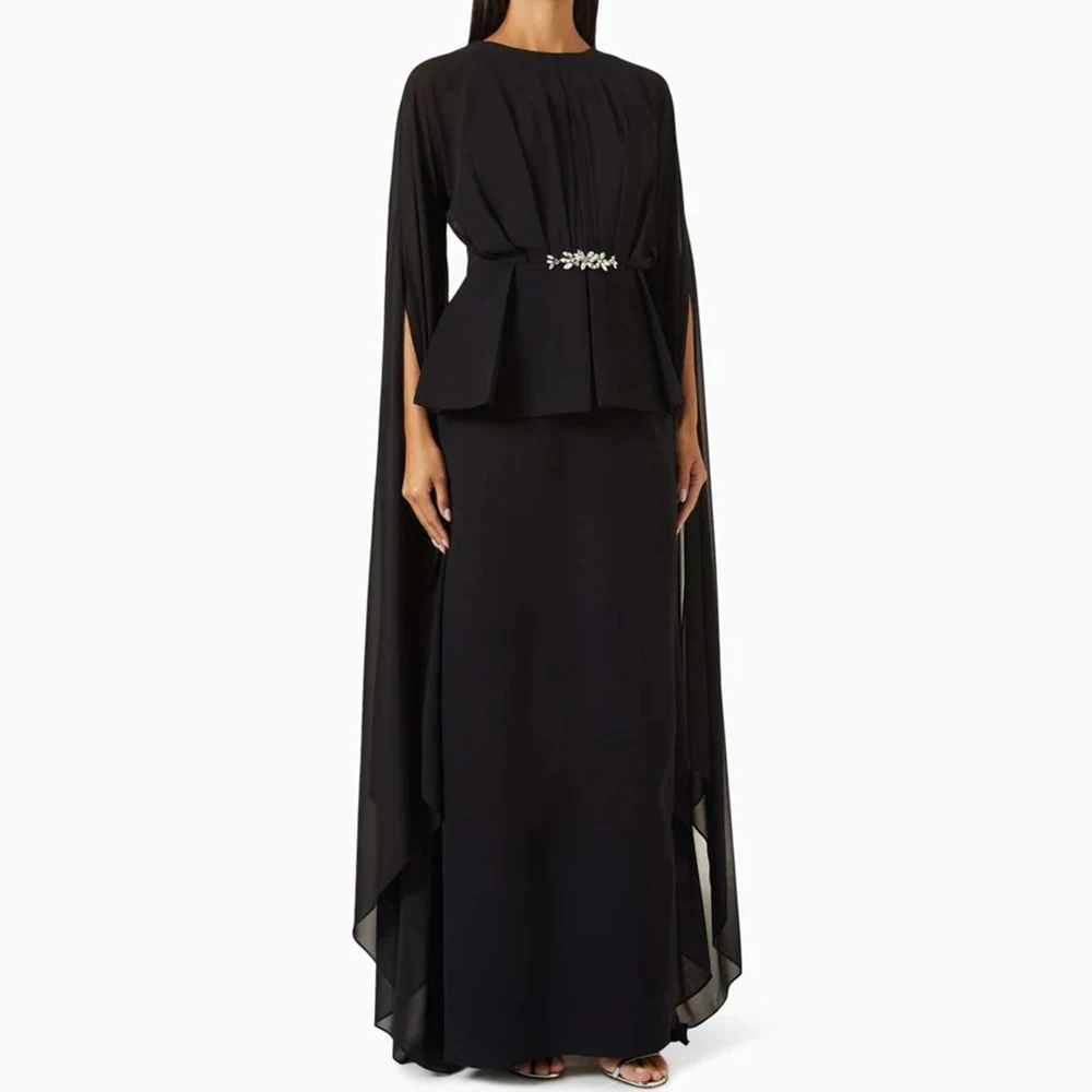 

Women's A-line Evening Dresses Floor-length O-neck Full Sleeve Prom Gown Simple Fashion Crystal Sashes Pleat Customized Gowns