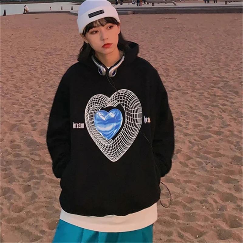 Oversized women's hoodie street style heart-shaped printed round neck pullover Korean hip-hop style Y2k women's sport