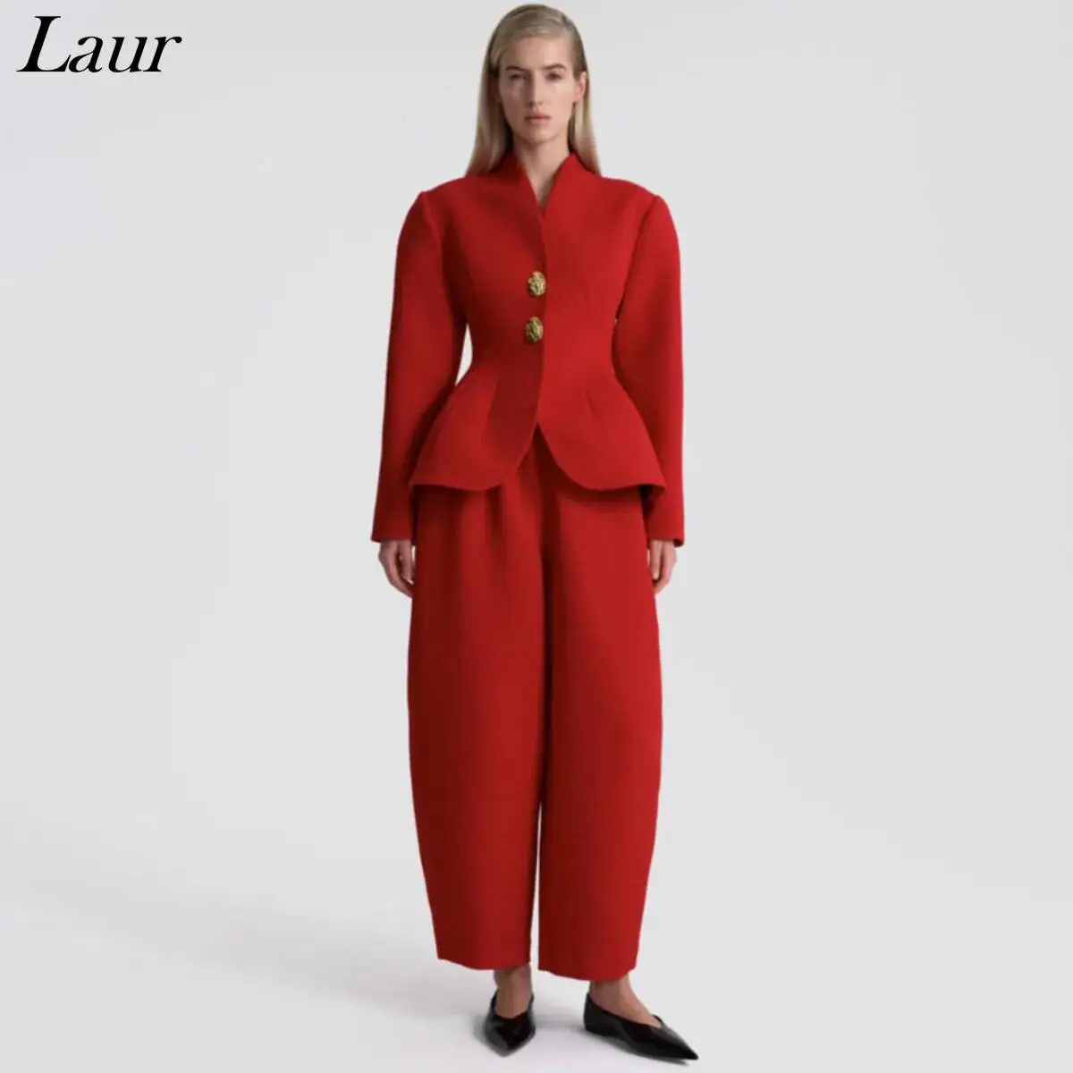 Laru 2026 New Women Two Piece Set V Neck Peplum Blazer with Barrel Leg Pants Gold Button Slim Fit Elegant Business Office Outfit