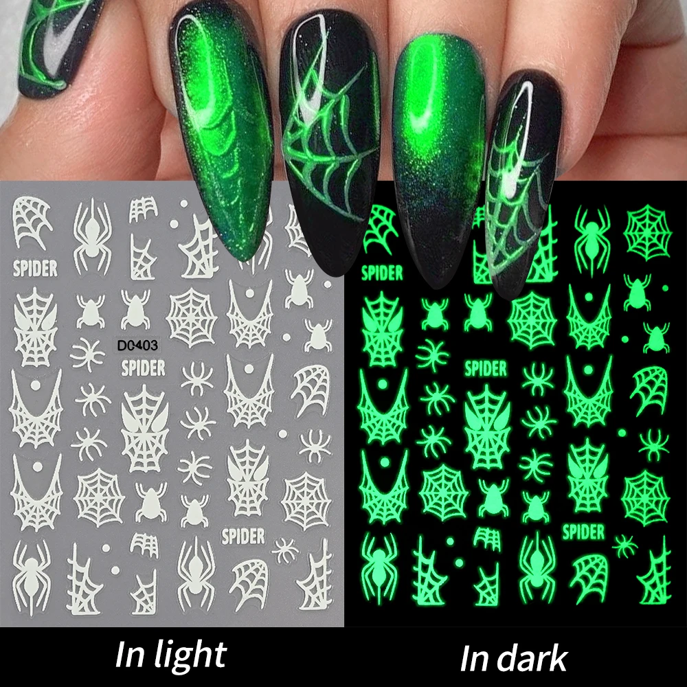 3D Halloween Ghost leuchtende Nail Art Aufkleber schwarze Fledermaus Spinnennetz Design Nagel kleber Aufkleber leuchten in dunklen Dekoration Aufkleber