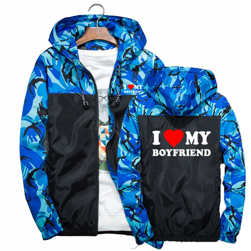 

2025 I Love My Girlfriend Boyfriend Logo Print Spring Autumn Mens Popular Patchwork Camouflage Design Zipper Jacket Hoodies Coat