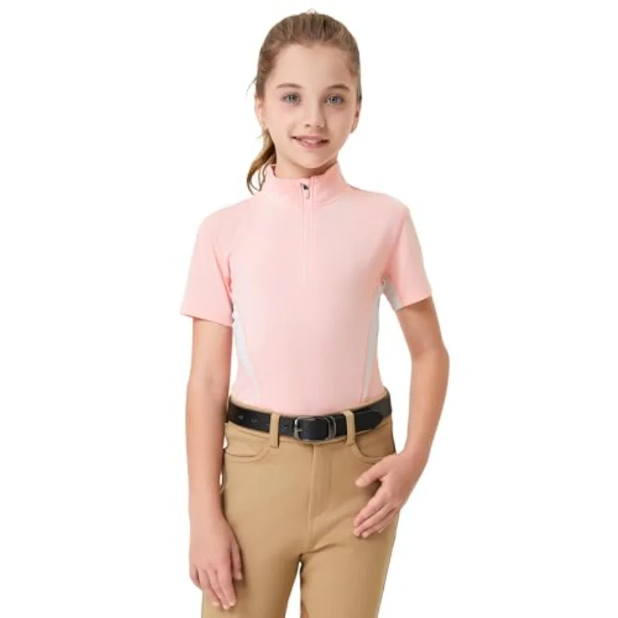 

Girls Short Sleeve Equestrian Shirt Quick Dry Horse Riding Shirts Half Zip Horseback Show Shirt
