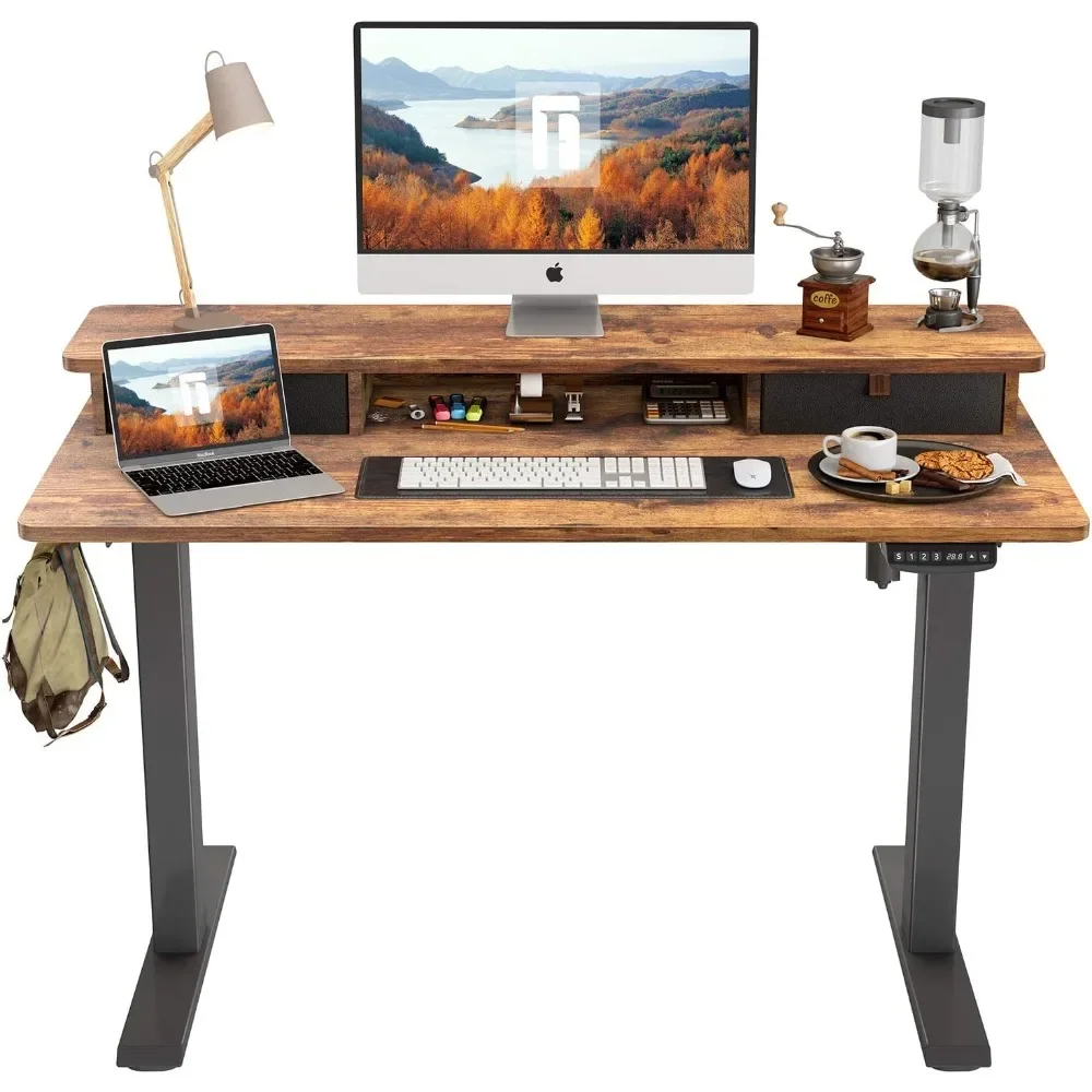 Height Adjustable Electric Standing desk with Double Drawer, 48 x 24 Inch Table with Storage Shelf, Sit Stand Desk