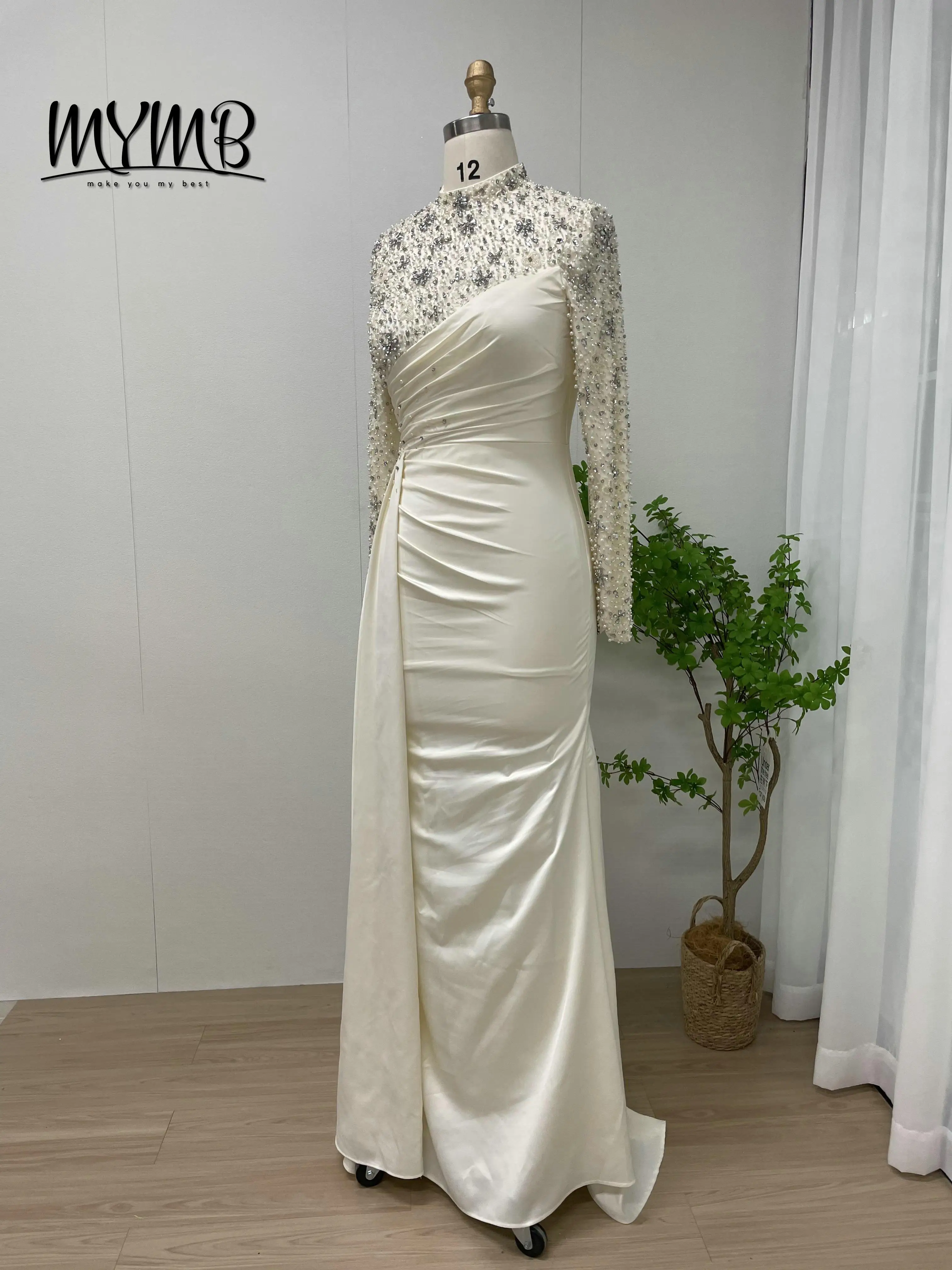 فساتين سهرة جديدة من MYMB بأكمام طويلة ورقبة عالية في دبي مقاس كبير للنساء بطول الأرض لؤلؤ للحفلات الراقصة للولائم MY30049 #4