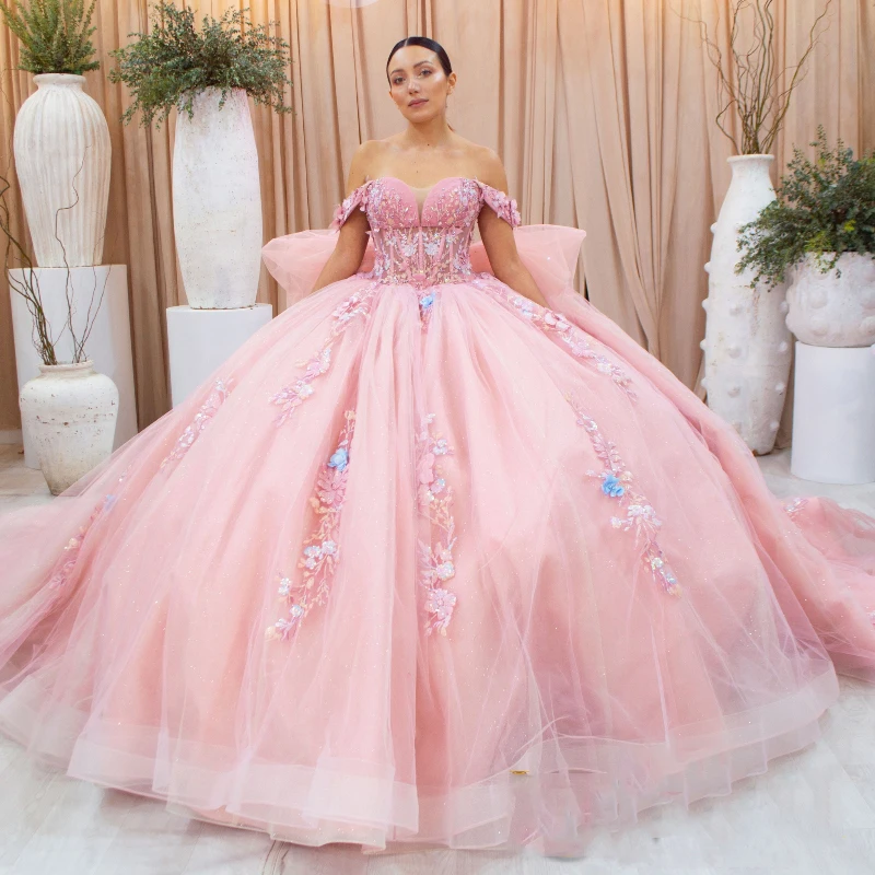 

Mexico Pink Sweetheart Ball Gown Quinceanera Dress For Girls Beaded Appliques Lace Tull Birthday Party Gowns Prom Sweet vestidos