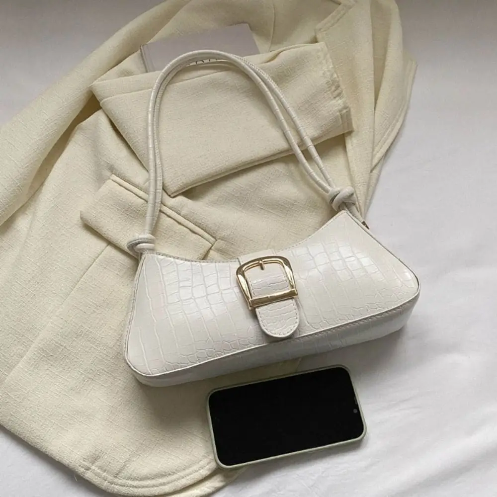 Vintage Half-moon Underarm Bag Stone Pattern Handbag PU Leather Shoulder Bag French Style Fashion Rectangle Armpit Bag Girls