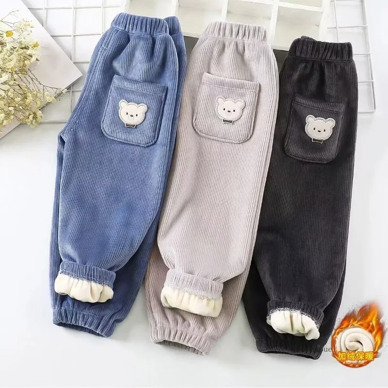 Autumn Winter Children's Fleece-lined Pants with Pocket Embroidery Corduroy Casual Pa Nt Warm Jogger Trousers for Boys and Girls