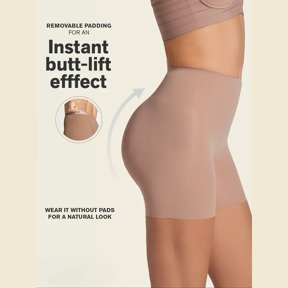 Women High Waist Butt Lifter Shapewear Shorts Removable Butt Pads Seamless Anti‑Roll‑Edge Tummy Control Body Shaper Underwear