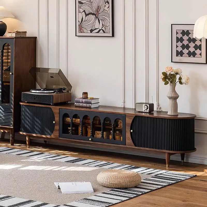 

French retro solid wood coffee table TV cabinet black small apartment American living room antique floor storage locker