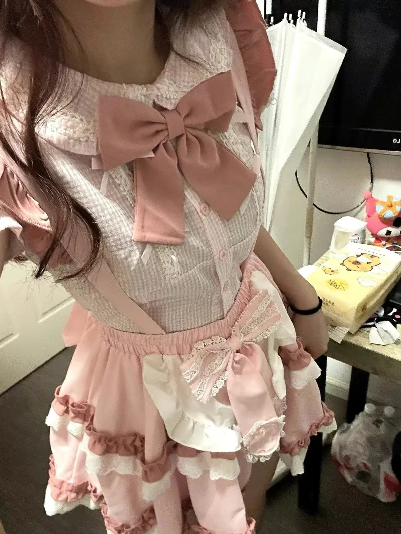 

Lolita Skirt Sets Summer New Clothes for Girls Sweet and Cute Pink Splicing Bow Doll Neck Top+Lace pinafore dress Two Piece Set