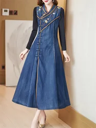 2023 Summer Female New Qipao Improved Edition Standing Neck Denim Dress Women High end Exquisite High end Sleeveless Long Dress