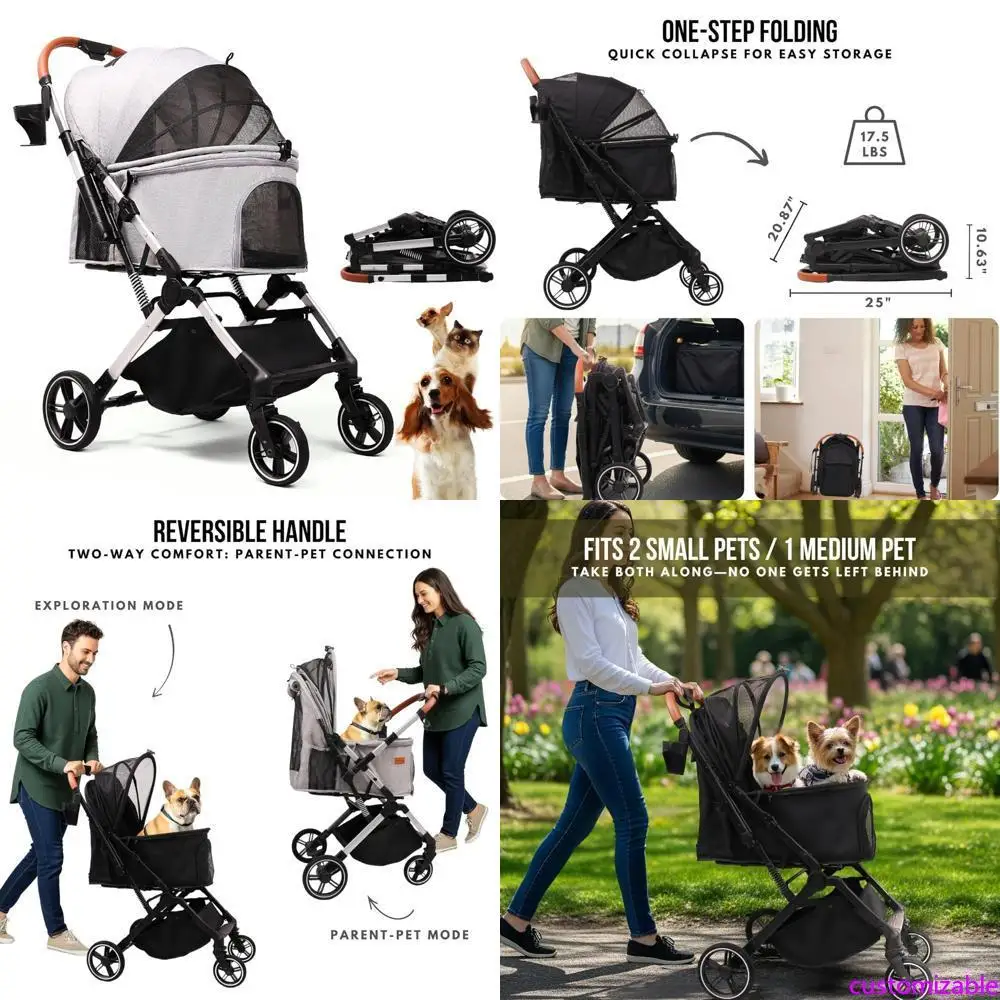 

Lightweight Collapsible All-Terrain Pet Stroller for Dogs and Cats Up to 45 lbs, Suitable for Jogging and Running, Grey