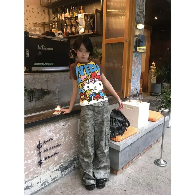 Sanrio 헬로 키티 새로운 애니메이션 패션 짧은 탑 Y2k 여름 귀여운 티셔츠 만화 프린트 하이 스트리트 고딕 반소매 티셔츠
