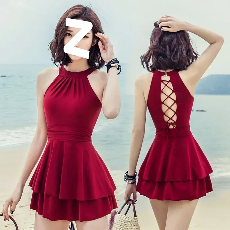 

Swimsuit Women Summer V Neck One-piece Swimwear Female Skirt Bathing Suit Push Up Slimming Korean Swimdress