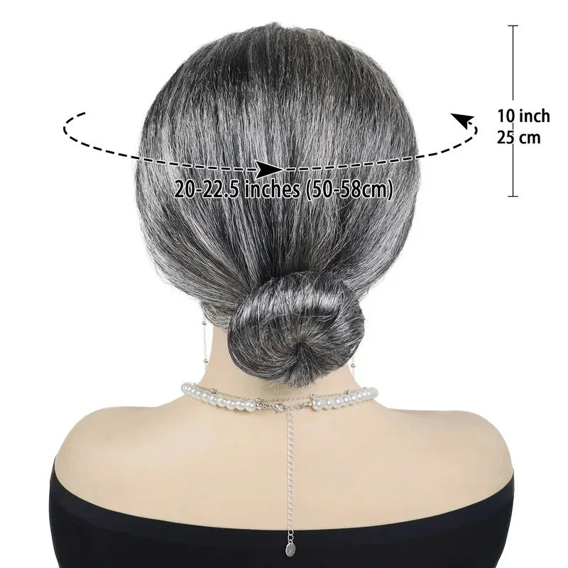 Conjunto de peruca sintética velha senhora avó avó cosplay perucas, óculos, corrente de óculos, colar de pérolas (4 peças) fantasia diária de halloween