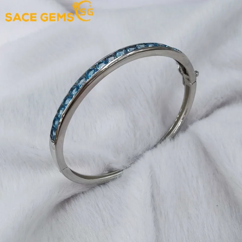 

SACEGEMS New Certified 3.5mm Natural Swiss Blue Topaz Bracelets 925 Sterling Silver 17cm for Women Engagement Party Fine Jewelry