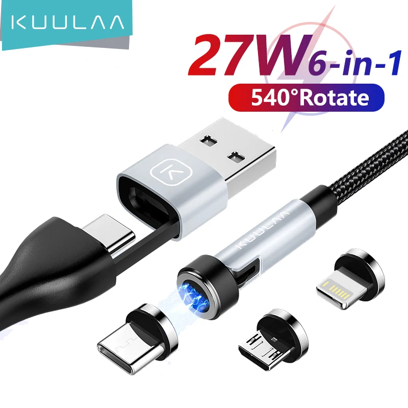 KUULAA 6 in 1 Magnetic Charging Cable 540° Rotate 27W Fast Charge For iPhone Type C Micro USB Magnet Fast Charging Data Cord