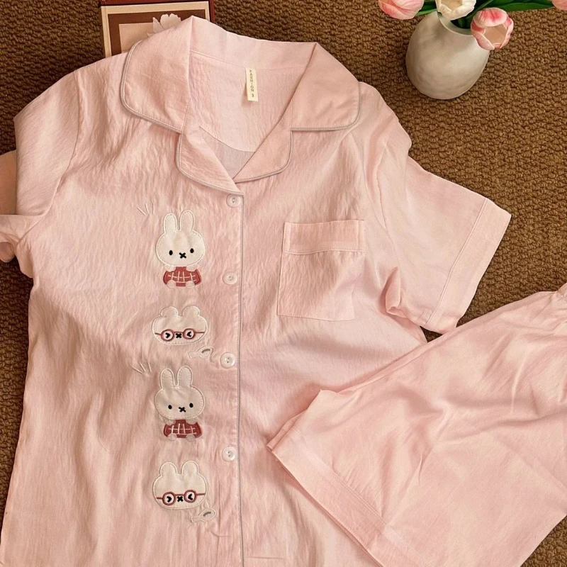Miffy pajamas cartoon cute Fashionable sweet short-sleeve shorts comfortable moisture-absorbing cool embroidered homewear set