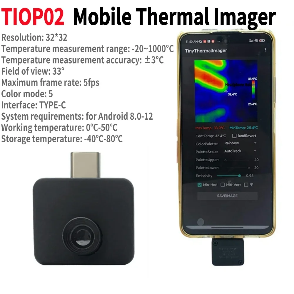 Mobile Thermal Imager 32*32 Pixels -20~1000°C Thermographic Camera Infrared Thermal Imager for Android Type C Mobile Phone