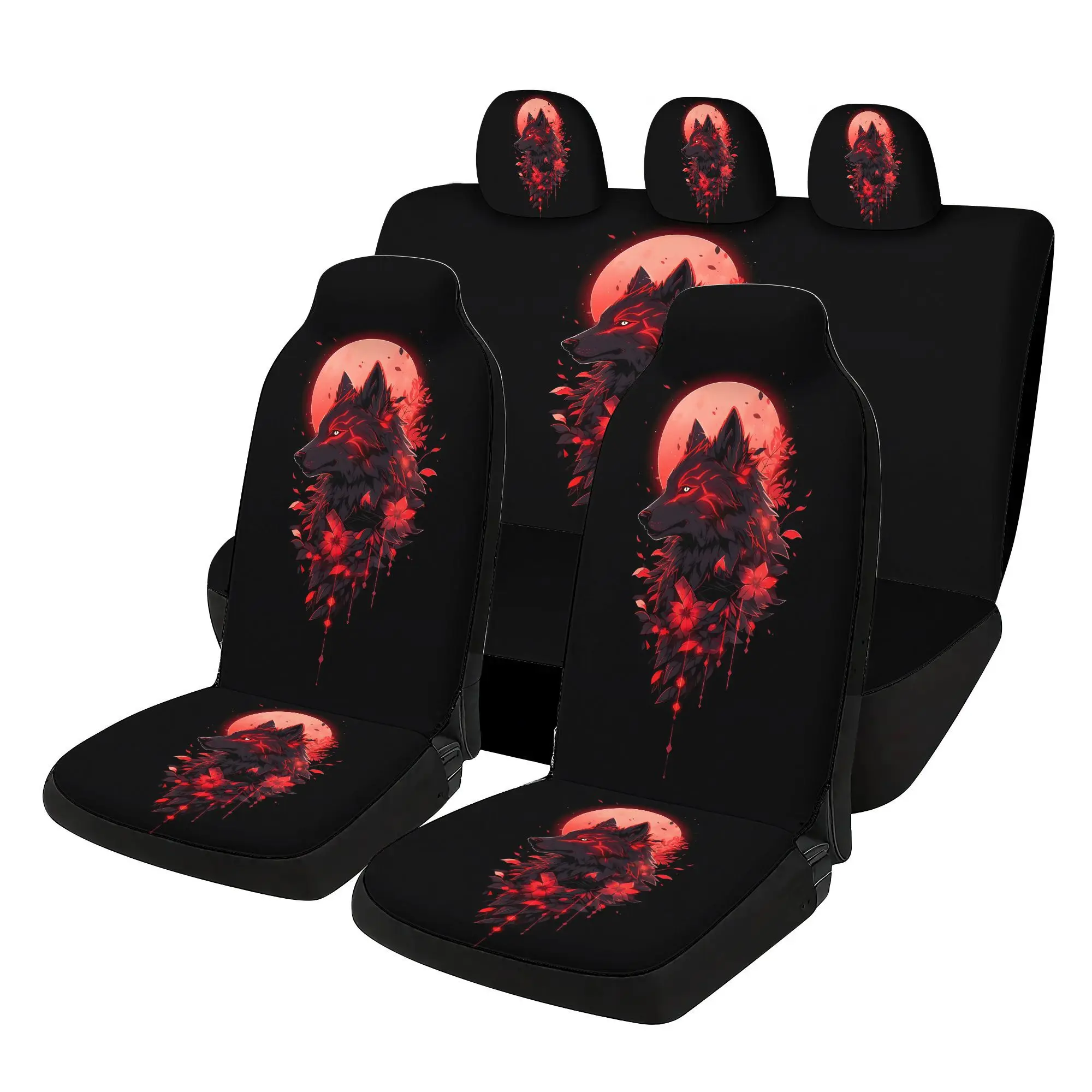 7pcs Blood Moon Flower Wolf Car Seat Cover Set- Including 2 Front Seat Covers + 1 Rear Seat Back Cover + 1Rear Seat Cover + 3 Ca
