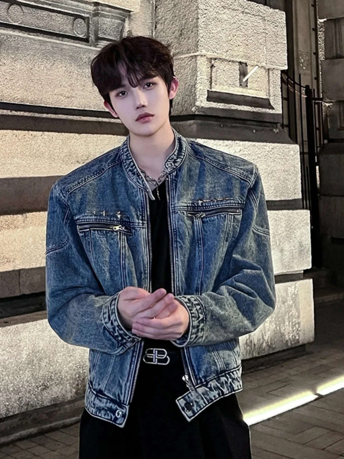 

Waed ort Stand Collar Men's Denim Jaet American High Street Sle Cleanfit Premium Workwear Jaet Trendy Youth Faion