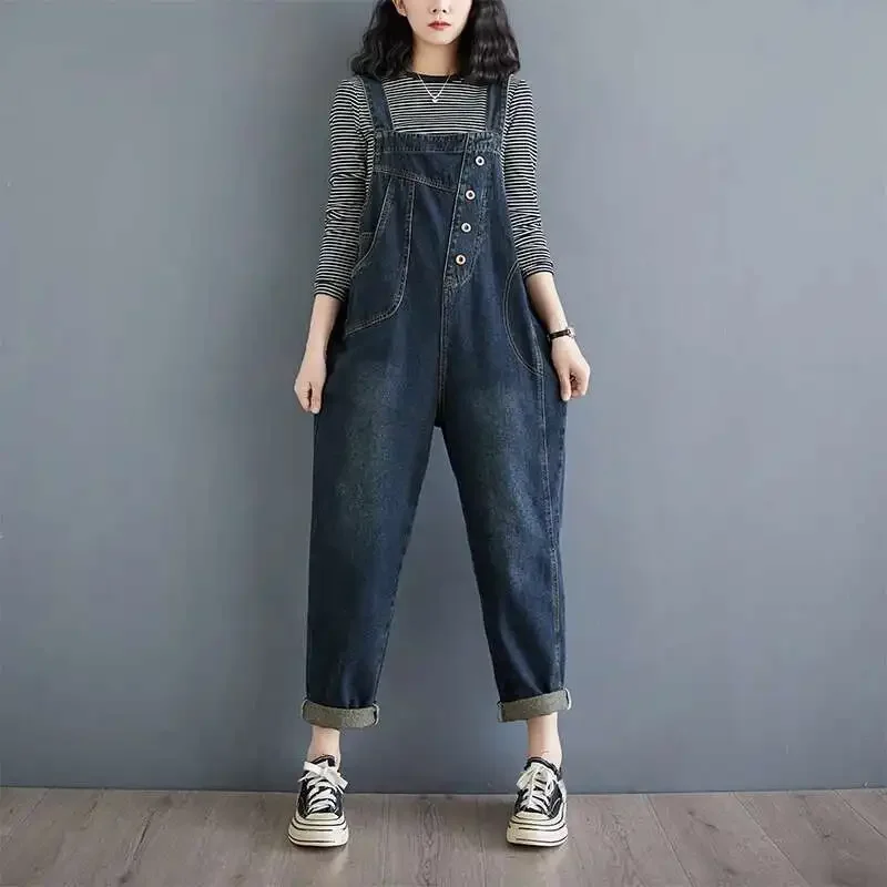 #1427 Blue Straight Denim Jumpsuits Women Ankle-legnth Streetwear Denim Overalls Female Loose Ladies Rompers Jumpsuits Spring