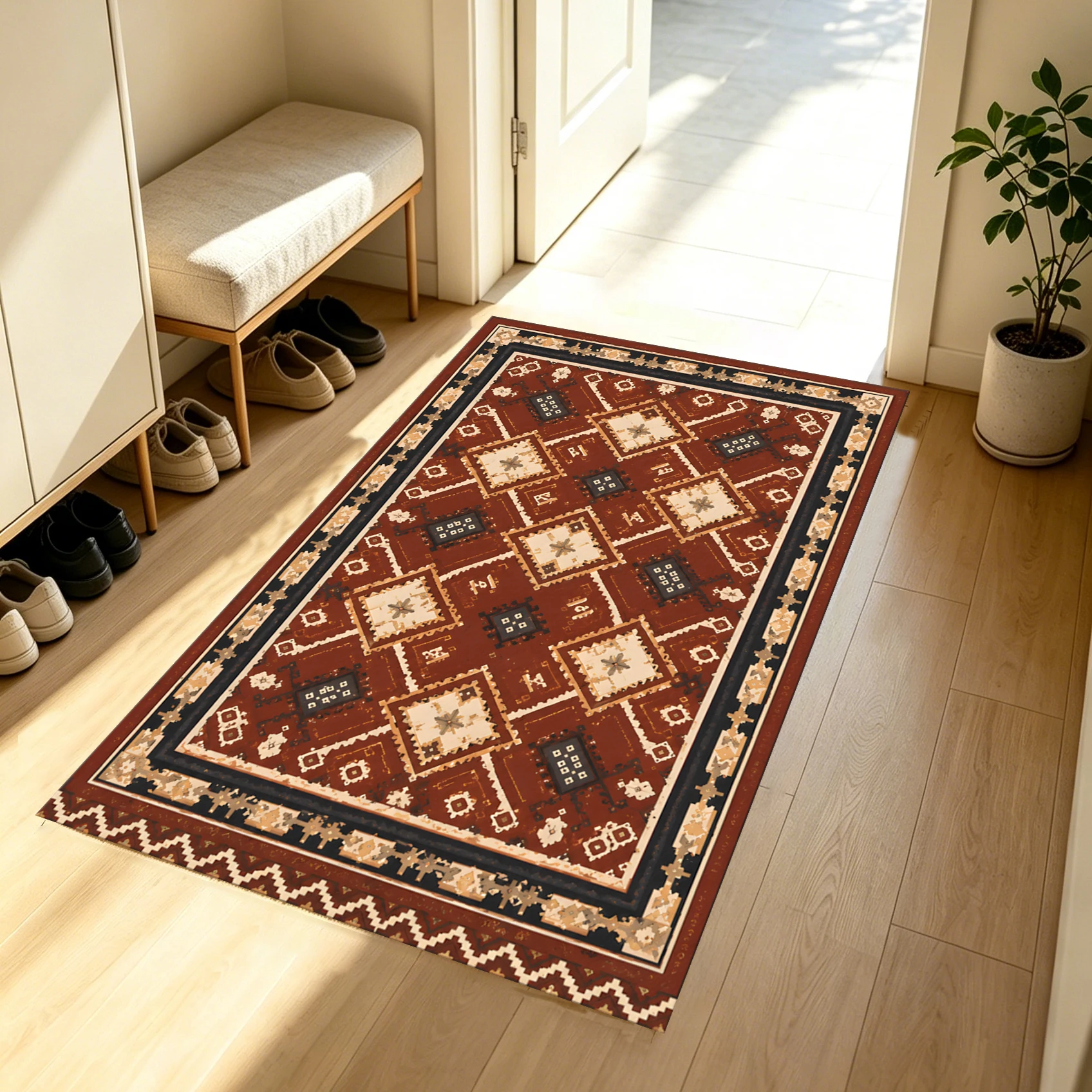 2D Large Rug with Retro Ethnic Diamond Pattern, Retro Exotic Style, Suitable for Living Room, Bedroom, and Coffee Table, One-Click Refresh for Autumn and Winter Decoration