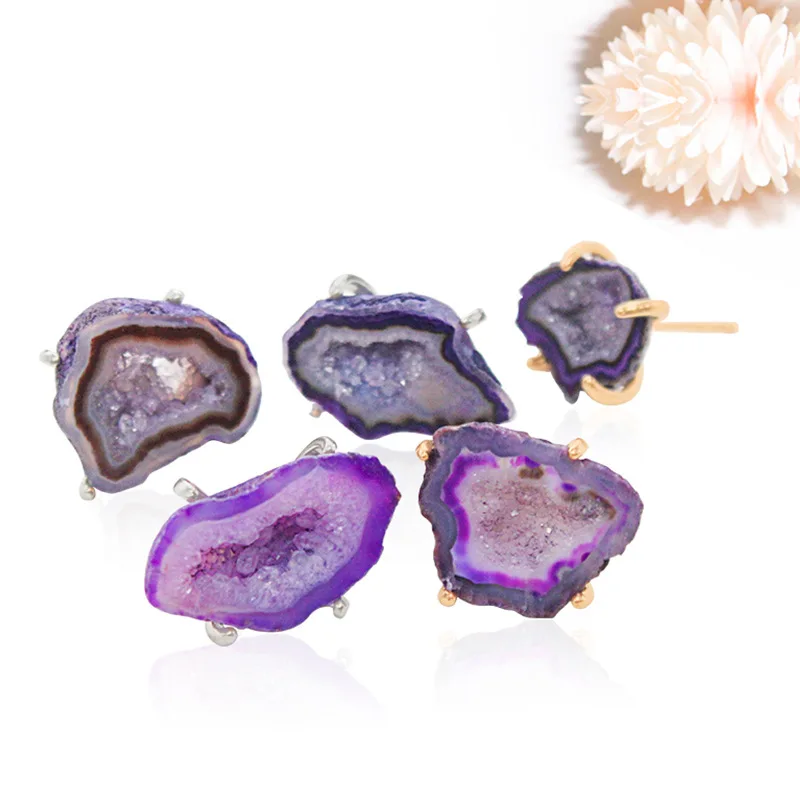 

Natural Brazilian amethyst rough stone tooth stud earrings are fashionable simple cross-border hot-selling factory direct sales