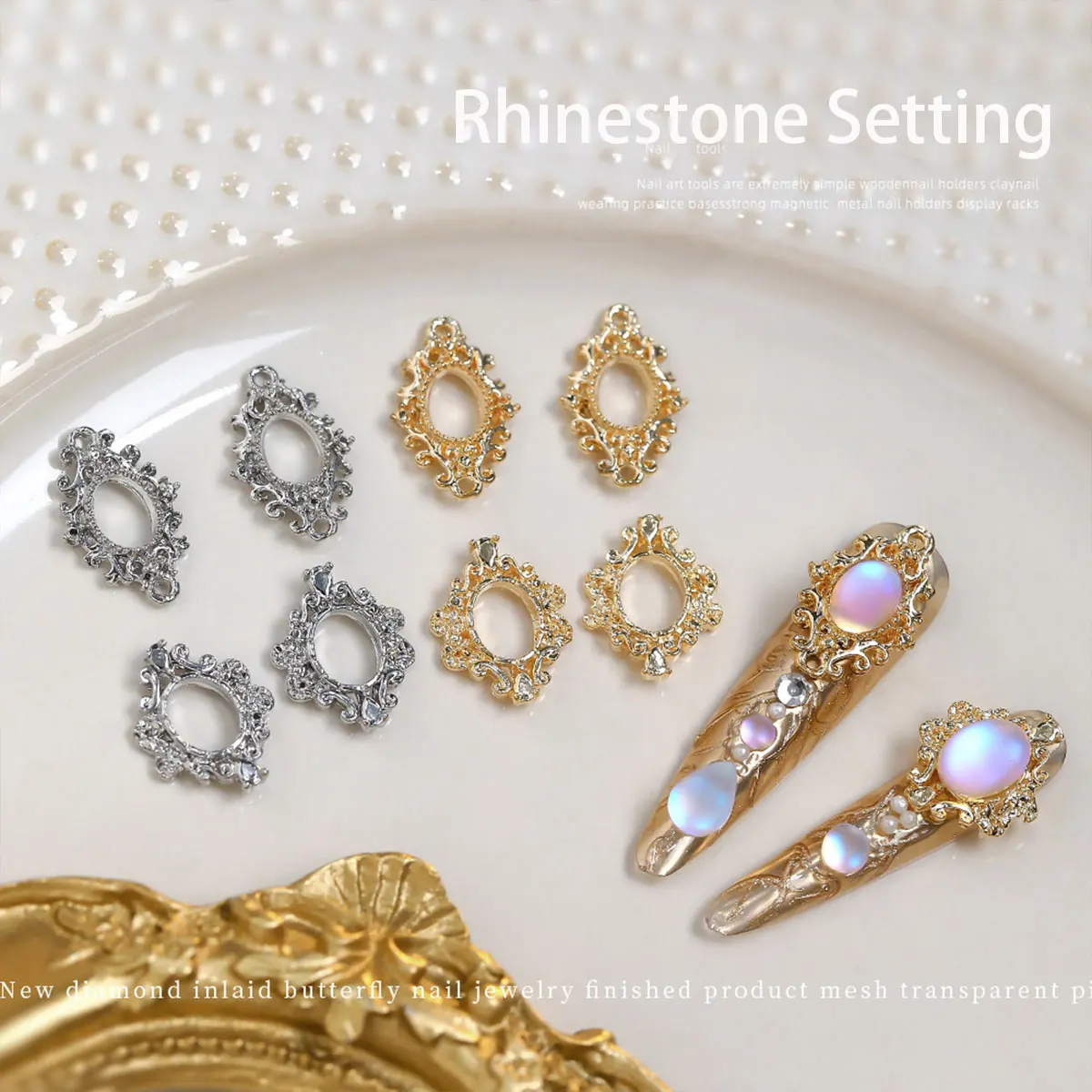 5/10pcs Gold Silver Crystal Rhinestone Setting, Palace Retro Alloy Nail Charms, for Nail Art, Press On Nails, Salon & DIY Crafts