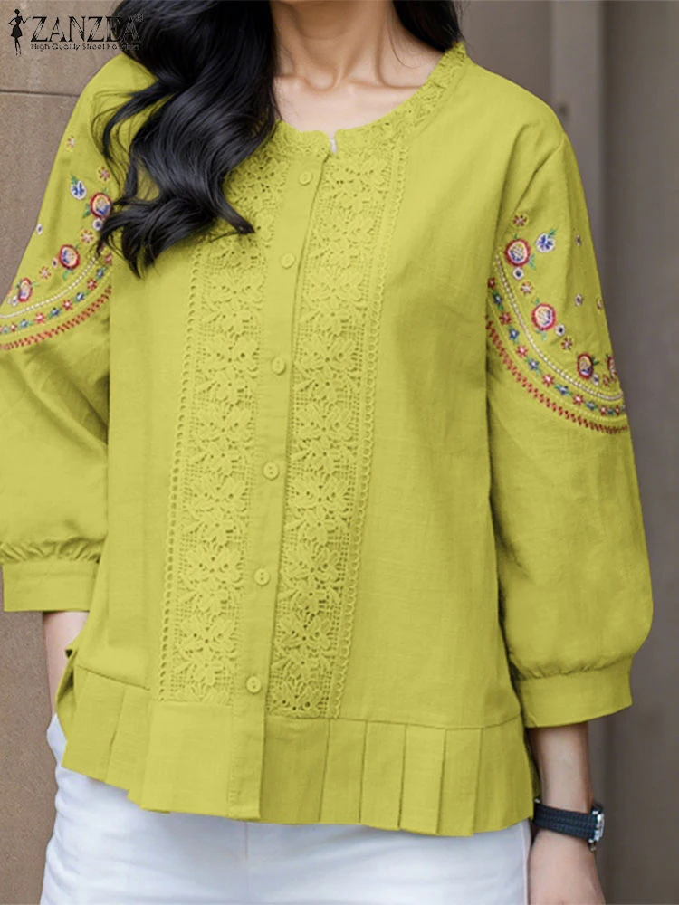 

Summer Fashion Blouse ZANZEA 2025 Embroidery Tops Women 3/4 Sleeve Round Neck Vintage Lace Shirts Casual Loose Blusas Femininas