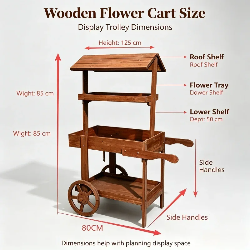 Rustic Solid Wood Rolling Plant Stand Mobile Display Cart with Wheels Farmhouse Vendor Wagon for Market Patio Flower Shop Decor